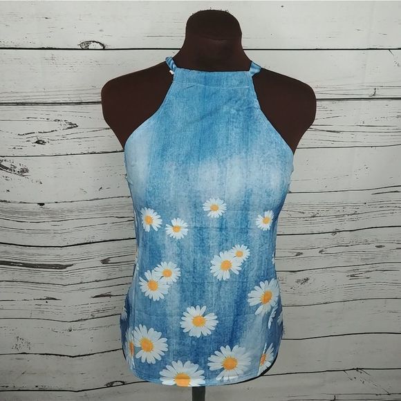 Blue Daisy Sleeveless‎ Halter Top - Picture 1 of 7